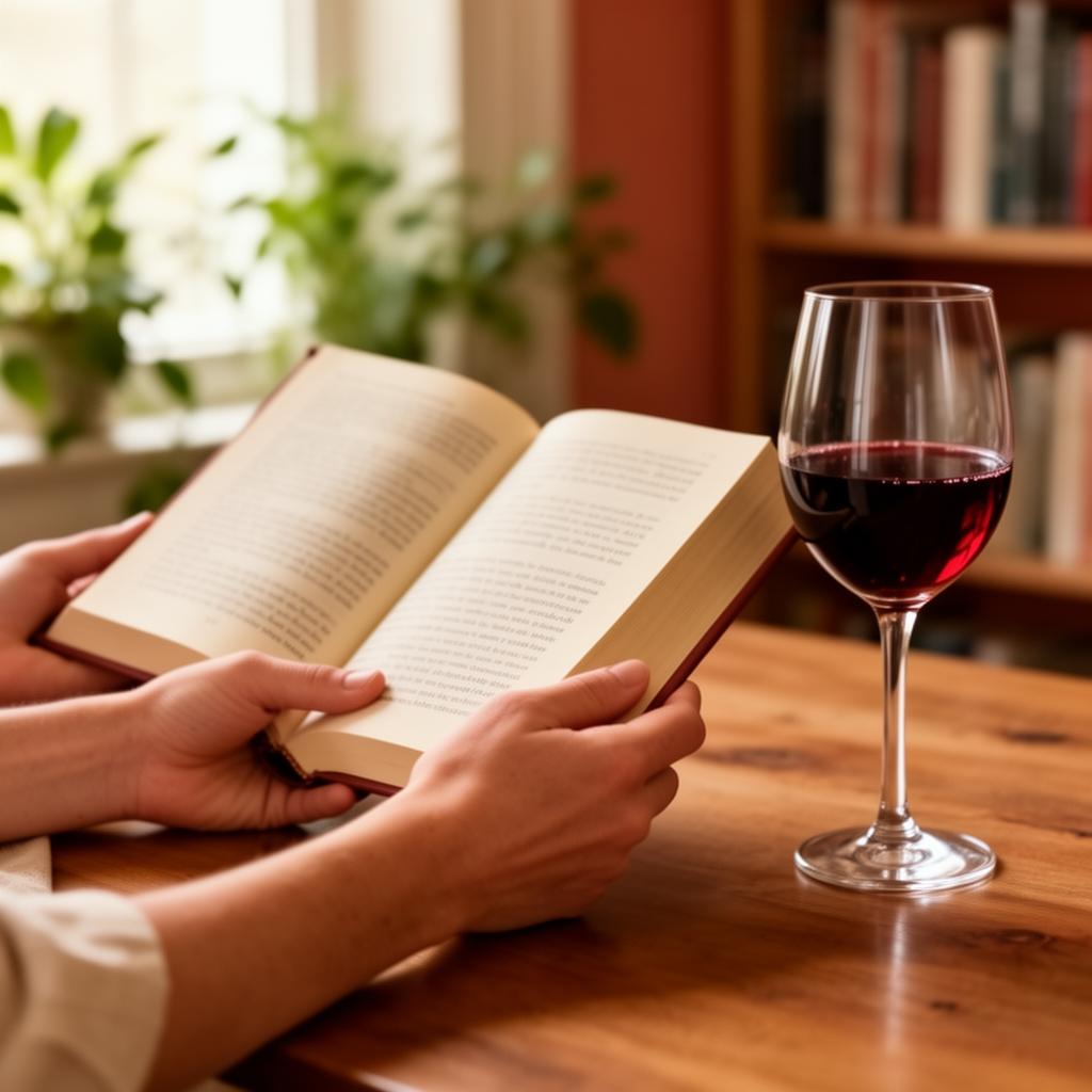Hands holding an open book beside a glass of red wine