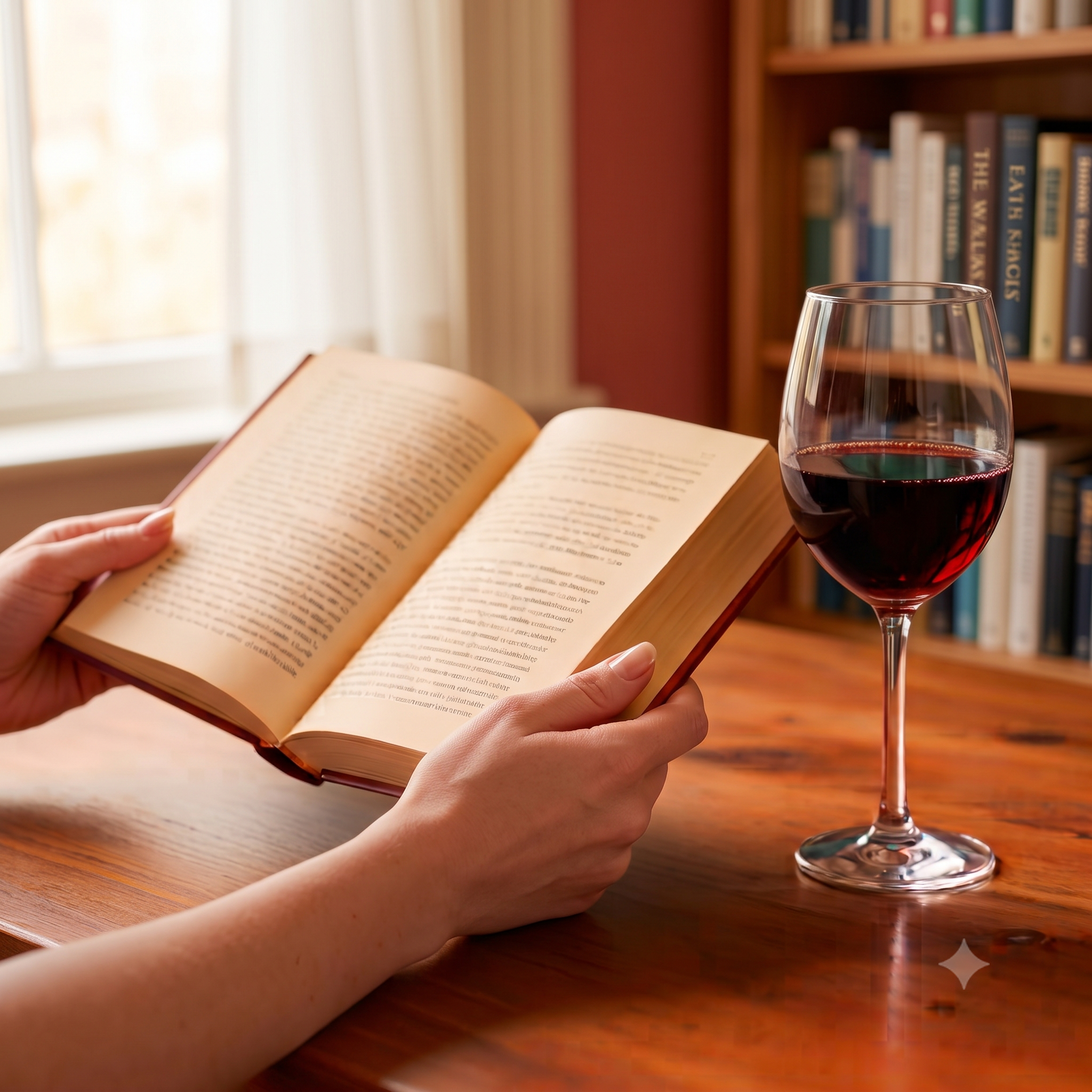 Hands holding an open book beside a glass of red wine